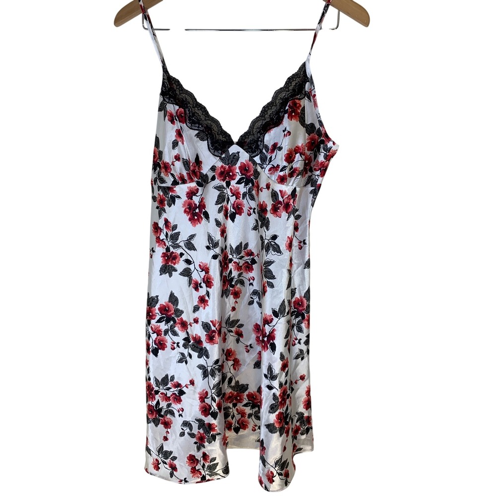 Y2K Floral Satin Lace Chemise Slip Dress Small Coquette Romantic Nightwear Women